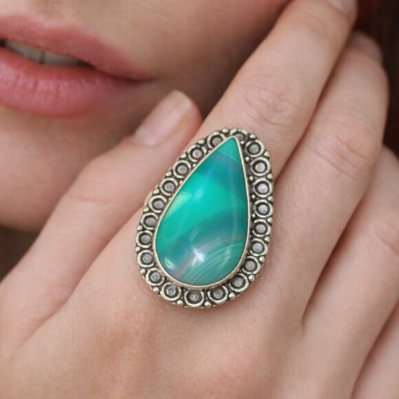 Hand Crafted Jewelry - Vintage 925 Silver Green Banded Agate Statement Ring Boho Southwest Teardrop